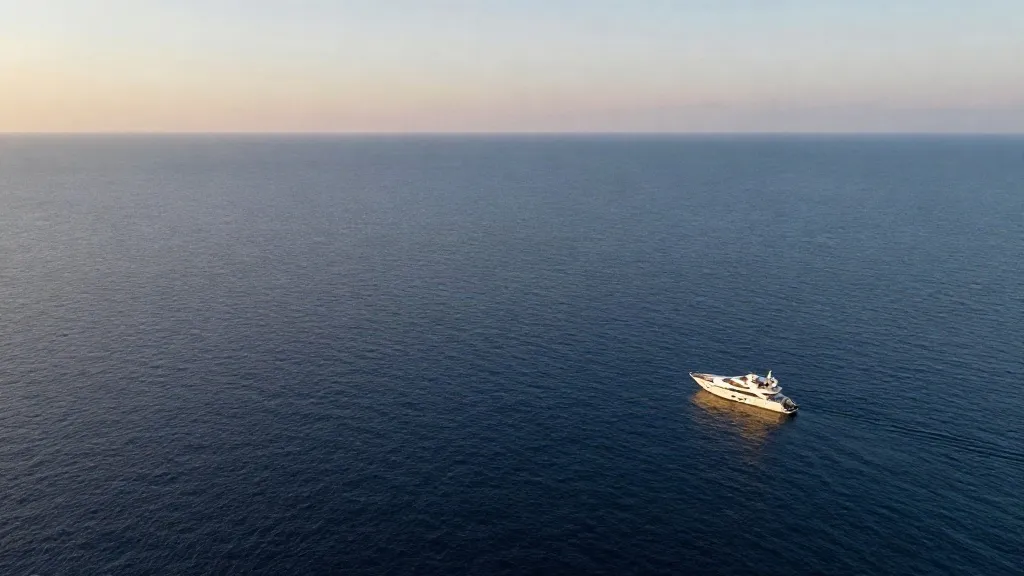 A white motor yacht on a vast, calm, deep blue Mediterranean sea at golden hour