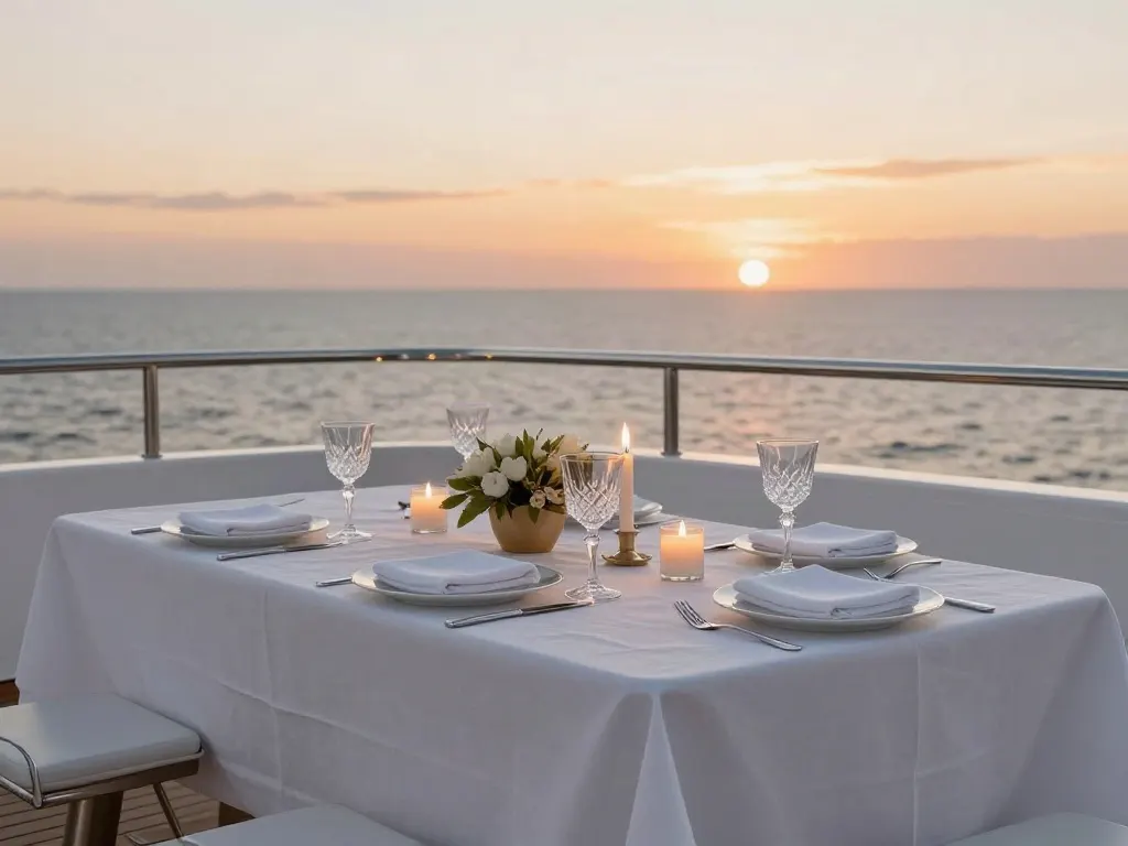 A dinner table set with white linen and candles on a yacht aft deck at sunset